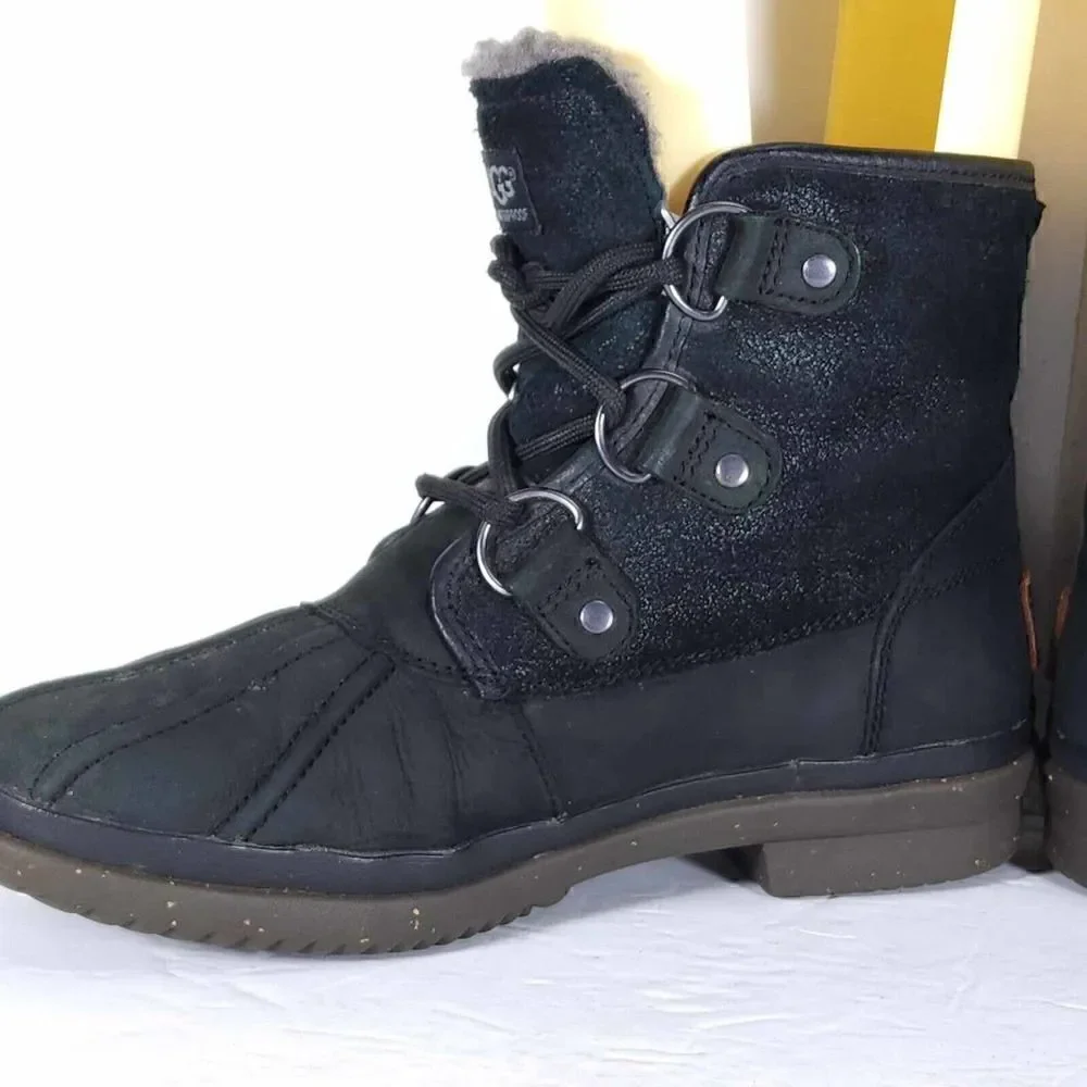 UGG Women's Cecile US 6 Black Leather Waterproof Sheepskin Lined Duck Boots